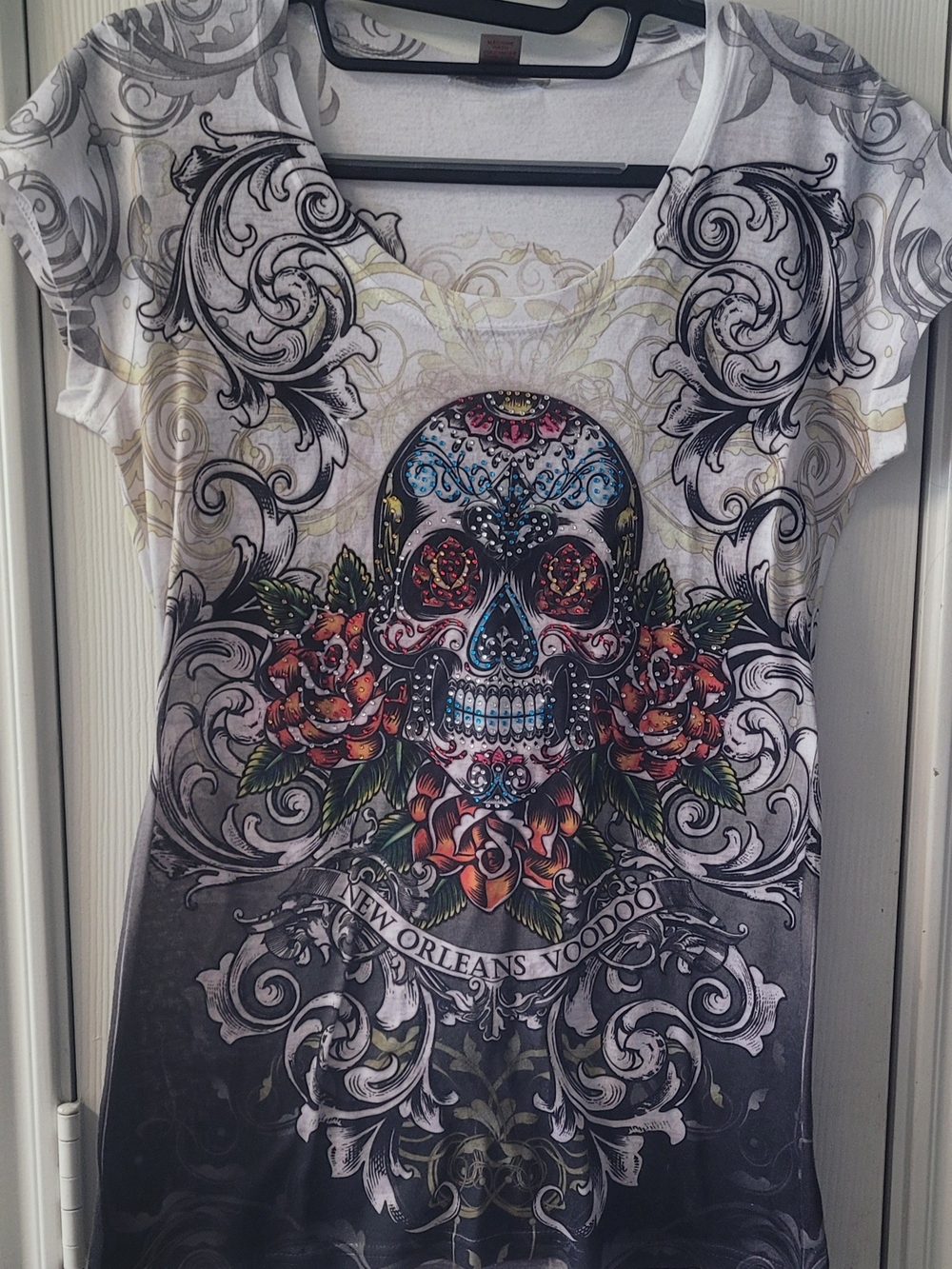 Rosio White Tee with NOLA Sugar Skull Design